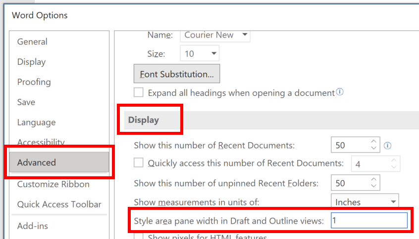 Word options dialog listing options for viewing Word's style area