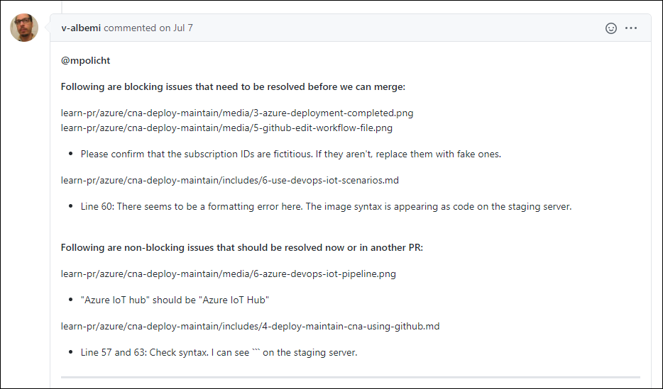 Pull request with Microsoft reviewer's response to project manager comments.