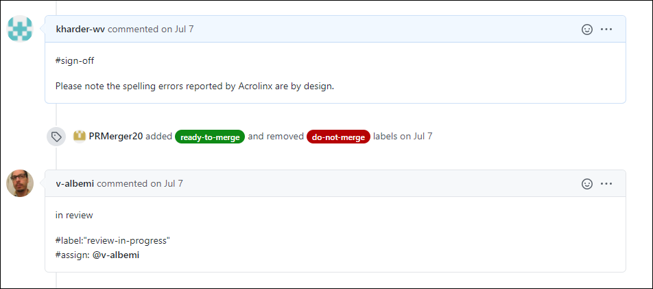 Pull request with project manager's comments.