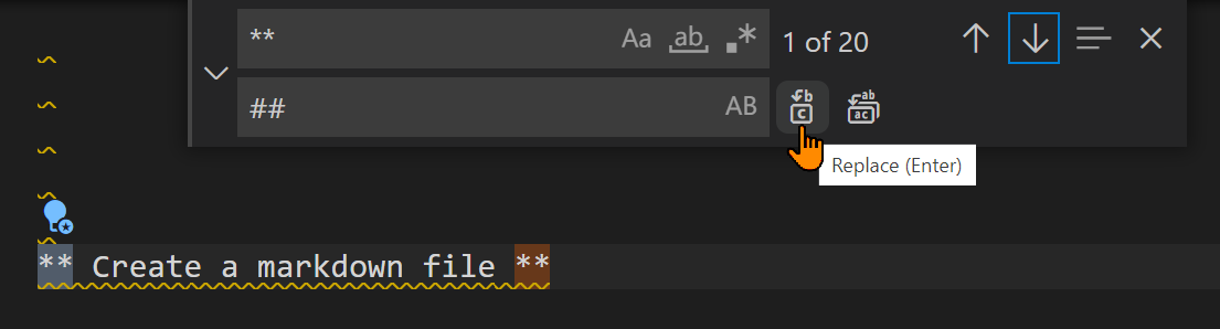 Find and replace window in vsc with finding two asterisks and replacing them with two hash tags